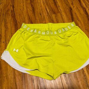 Under Armour Women's Play Up 2-in-1 Shorts – Neon Yellow & White, Size Large